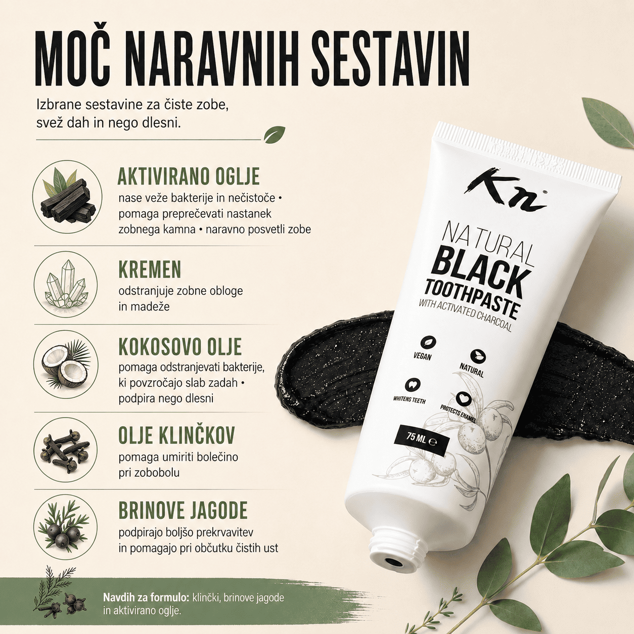 Naravne sestavine črne zobne paste Karbonoir